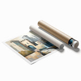 Abstract architectural wall art print showcasing geometric shapes and bold colors, rolled for easy transport in a protective cardboard tube. Perfect for modern decor.