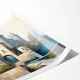 Abstract wall art print showcasing a modern architectural design in muted tones, rolled and ready for display, highlighting unique geometric shapes and textures.