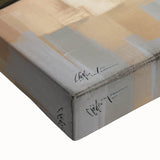 Close-up of abstract architecture wall art on stretched canvas showcasing intricate geometric patterns in blue and gold tones, ideal for modern home decor.