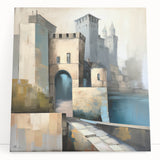 Abstract architectural wall art on stretched canvas, showcasing geometric shapes in soothing blue and beige tones, leaning against a neutral wall, ideal for modern decor.