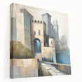 Abstract architecture wall art on stretched canvas, showcasing geometric shapes in muted colors, perfect for modern home decor. Side view highlights the depth and texture of the artwork.