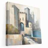 Abstract architecture wall art on stretched canvas, showcasing geometric shapes in muted colors, perfect for modern home decor. Side view highlights the depth and texture of the artwork.