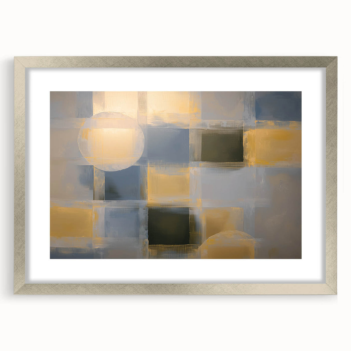 Abstract geometric frame with a silver mat, showcasing a minimalist design that enhances modern decor. Ideal for contemporary home settings or galleries.