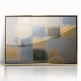 Abstract geometric framed acrylic artwork in gold tones, showcasing sharp lines and modern design elements, ideal for contemporary home decor.