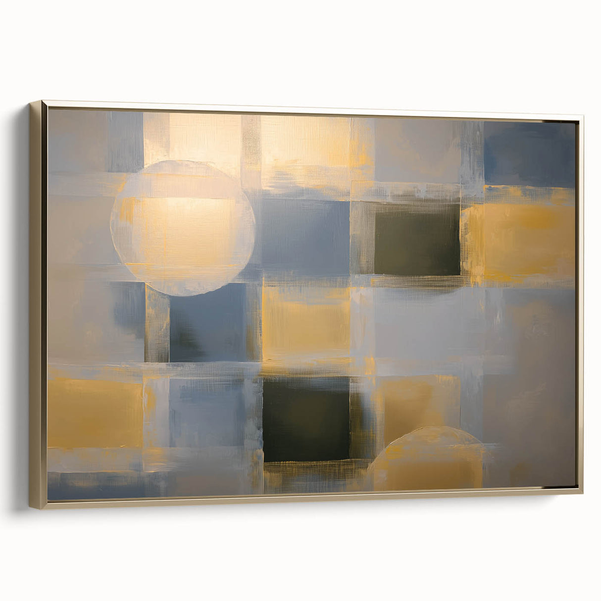 Framed geometric abstract canvas artwork featuring a gold color scheme, presented in a modern side view, ideal for contemporary home decor or office settings.