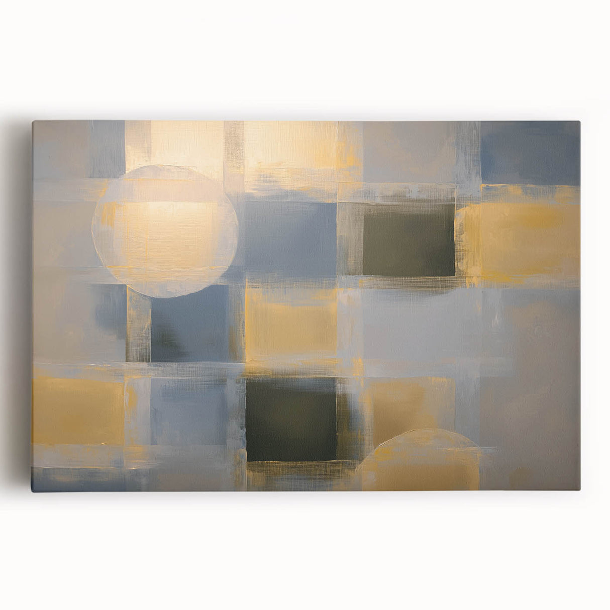 Abstract geometric stretched canvas artwork in vibrant colors, showcasing dynamic shapes and patterns, ideal for modern home decor and art enthusiasts.