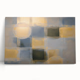 Abstract geometric stretched canvas art featuring vibrant colors and dynamic shapes, perfect for modern home decor. This artwork leans against a stylish backdrop, enhancing any living space with a contemporary flair. Ideal for art enthusiasts seeking unique wall decor.