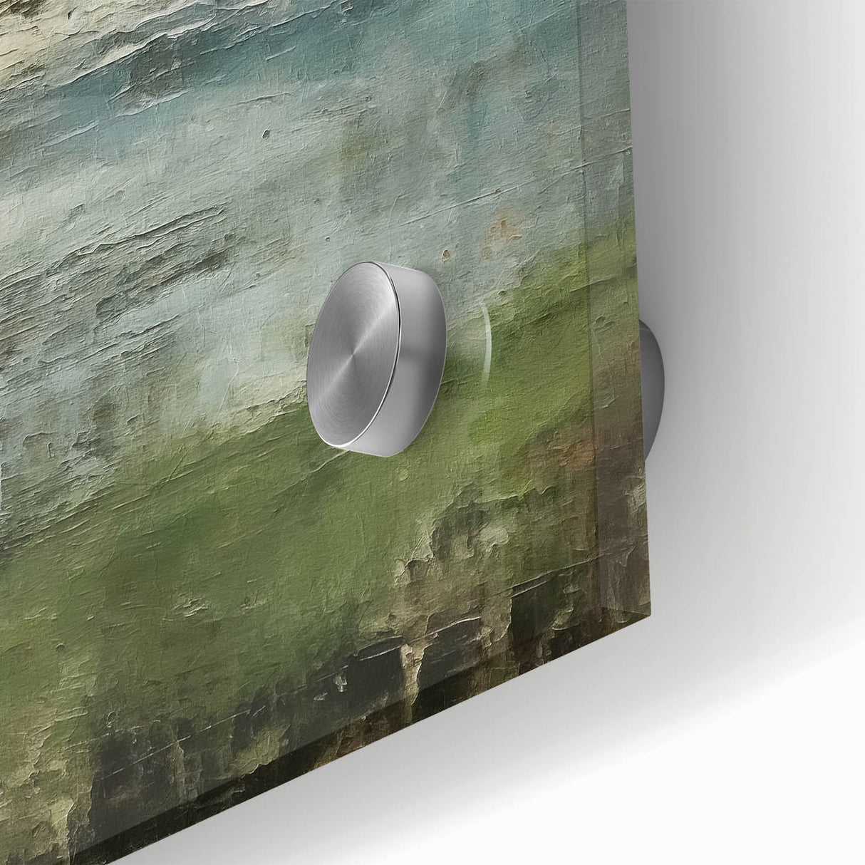 Close-up view of an abstract landscape wall art piece, featuring vibrant colors and fluid shapes on acrylic glass, ideal for modern decor and artistic expression.
