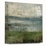 Abstract landscape wall art displayed in a sleek acrylic glass frame, showcasing vibrant colors and intricate patterns, ideal for modern home decor.