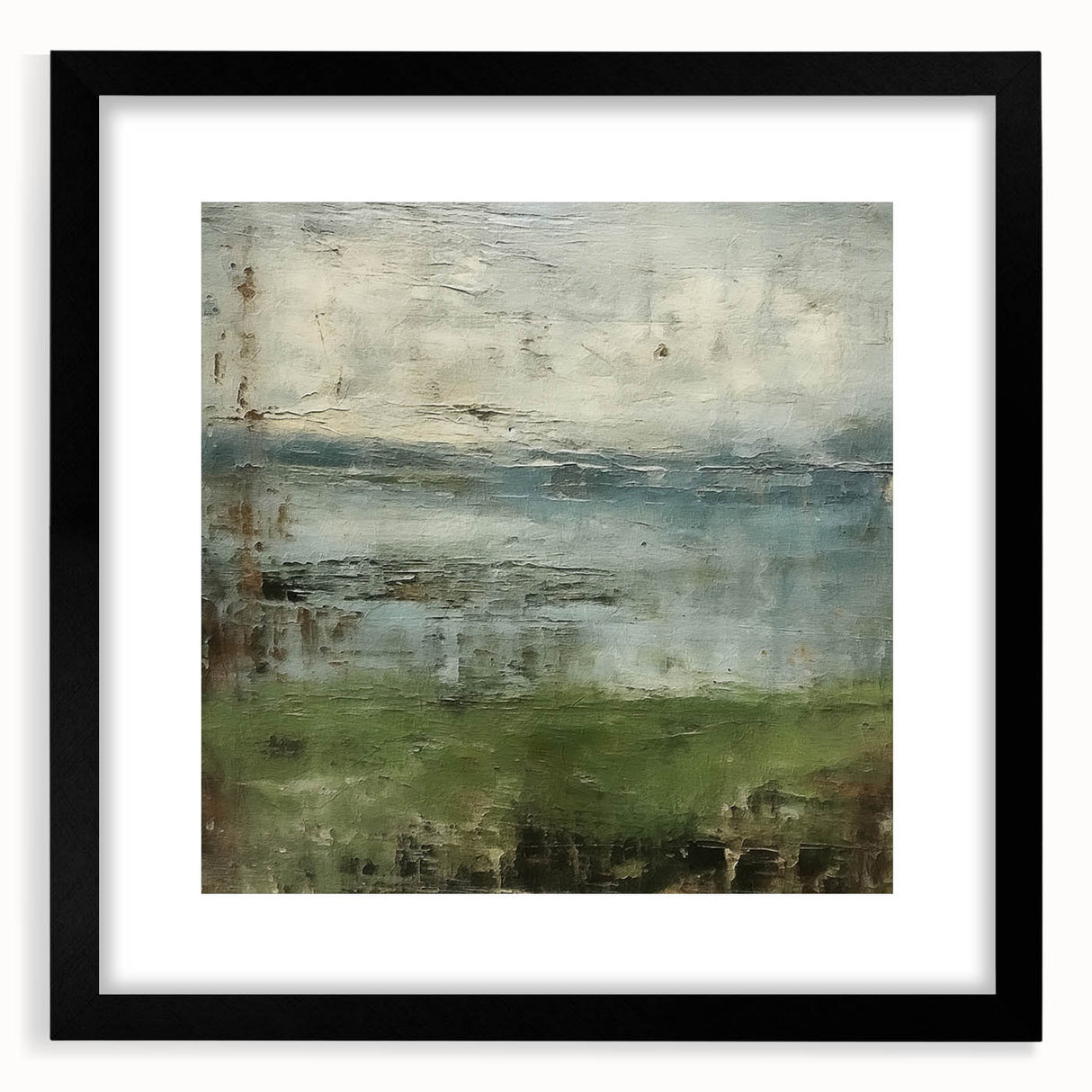 Abstract landscape wall art design framed with a mat, showcasing a blend of muted earth tones and vibrant colors, perfect for modern home decor.