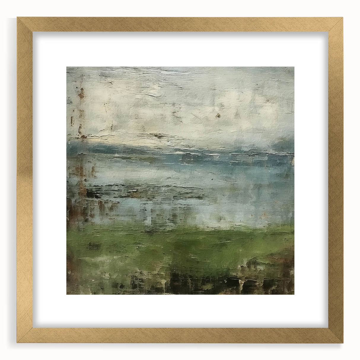 Abstract landscape wall art framed in gold with a mat, showcasing bold colors and dynamic shapes, perfect for modern home decor. Ideal for adding a touch of elegance to any room.