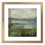 Abstract landscape wall art framed in gold with a mat, showcasing bold colors and dynamic shapes, perfect for modern home decor. Ideal for adding a touch of elegance to any room.