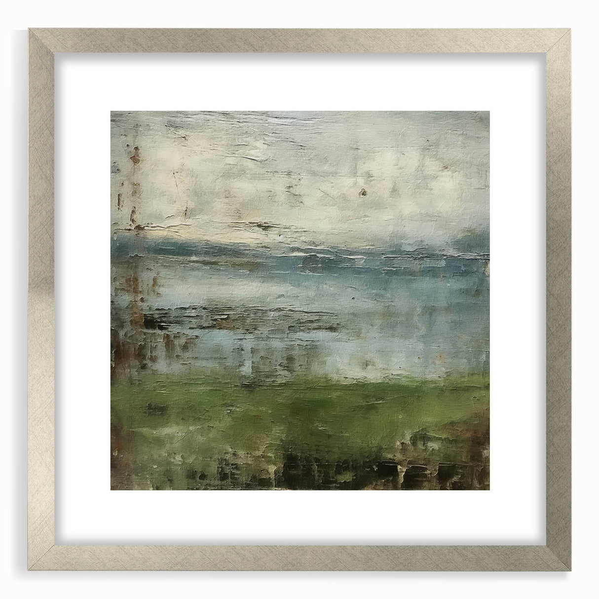 Abstract landscape wall art framed in silver, showcasing vibrant colors and intricate patterns, perfect for modern home decor. The piece is elegantly matted, enhancing its aesthetic appeal.