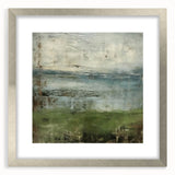 Abstract landscape wall art framed in silver, showcasing vibrant colors and intricate patterns, perfect for modern home decor. The piece is elegantly matted, enhancing its aesthetic appeal.