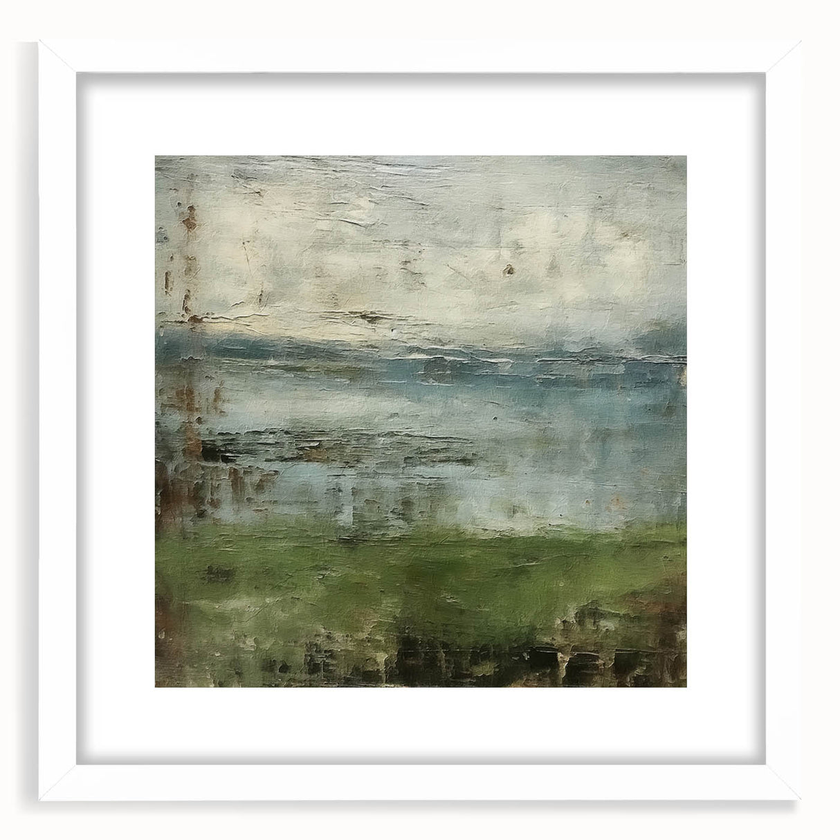 Abstract landscape wall art framed in white, showcasing vibrant colors and intricate patterns, ideal for modern home decor or office settings. The piece features a harmonious blend of earthy tones and dynamic shapes, enhancing any interior space with a touch of artistic flair.