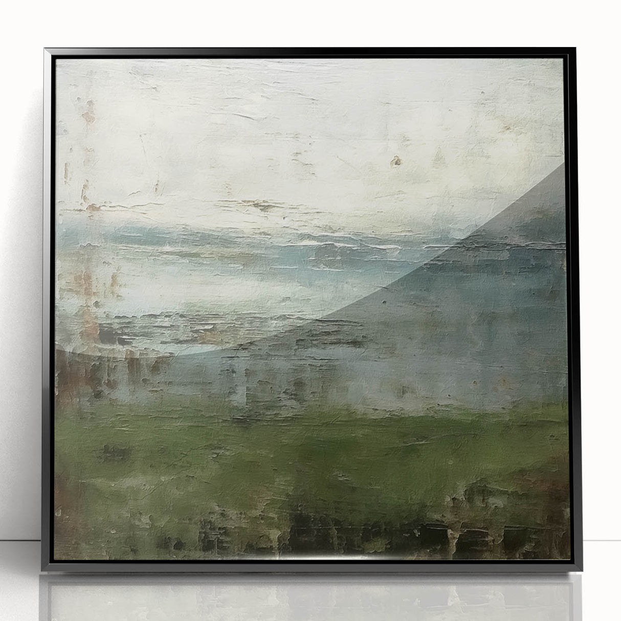 Framed abstract landscape wall art in acrylic, featuring a blend of muted greens and blacks, set against a stylish black frame, ideal for modern home decor.