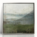 Framed abstract landscape wall art featuring a silver acrylic finish, showcasing vibrant colors and fluid shapes, perfect for modern home decor.