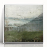 Framed abstract landscape wall art in white acrylic showcasing vibrant colors and fluid shapes, ideal for modern home decor and artistic interiors.