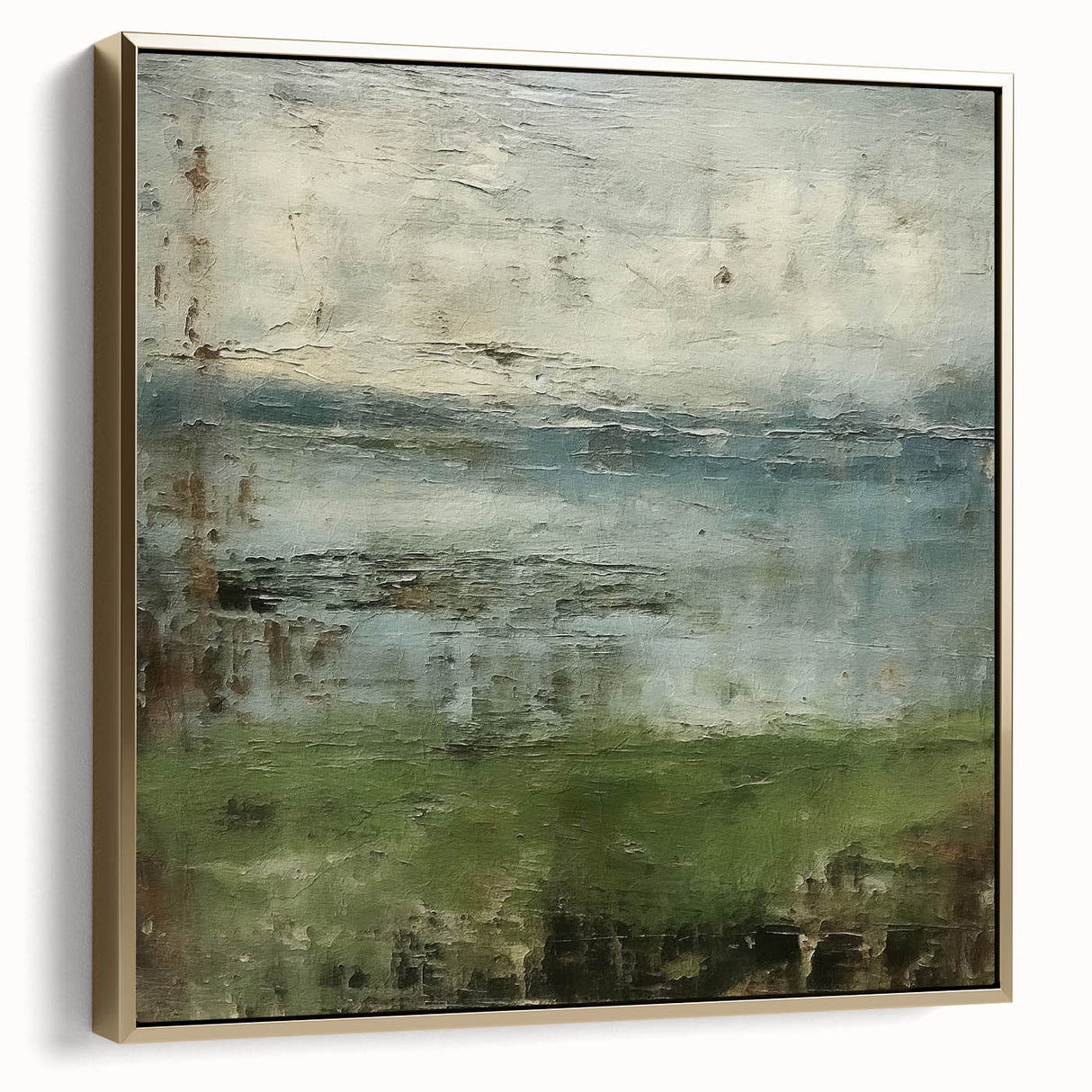 Framed abstract landscape wall art featuring a blend of silver and gold tones, showcasing a modern design that enhances contemporary decor.