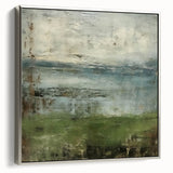 Framed canvas wall art depicting an abstract landscape in muted tones, featuring a sleek silver frame that enhances the modern aesthetic, ideal for contemporary home decor.