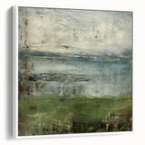 Framed abstract landscape wall art in a sleek white frame, showcasing vibrant colors and dynamic shapes, perfect for modern home decor. Side view highlights its elegant design, suitable for living rooms or offices.