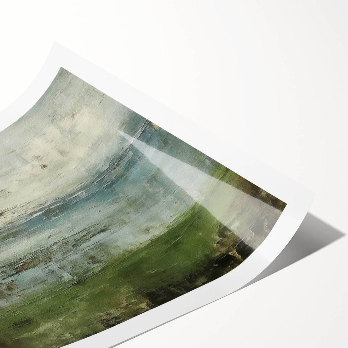 Abstract landscape wall art print showcasing vibrant colors and fluid shapes, rolled up and ready for display, perfect for modern home decor.