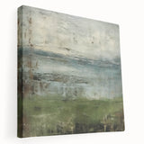 Stretched canvas showcasing an abstract landscape design in vibrant hues of blue and green, perfect for modern home decor. Side view highlights the canvas thickness and quality.