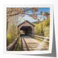 Extra large wall art featuring a covered bridge in muted earth tones on glossy photo paper, suitable for dining room decor.