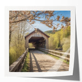 Extra large wall art featuring a covered bridge in muted earth tones on glossy photo paper, suitable for dining room decor.