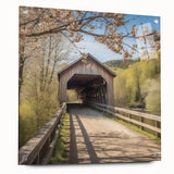 Acrylic print of a covered bridge in muted earth tones, suitable for bedroom or dining room decor.