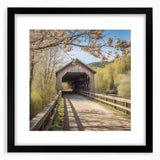 Extra large wall art featuring a colorful abstract art print of a covered bridge, textured appearance, in a black frame.