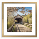 Extra large abstract art print featuring a textured design of an architecture-covered bridge in muted gold tones.