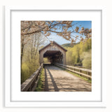 Abstract art print of a covered bridge in muted gray and white tones on a framed canvas, suitable for dining room decor.