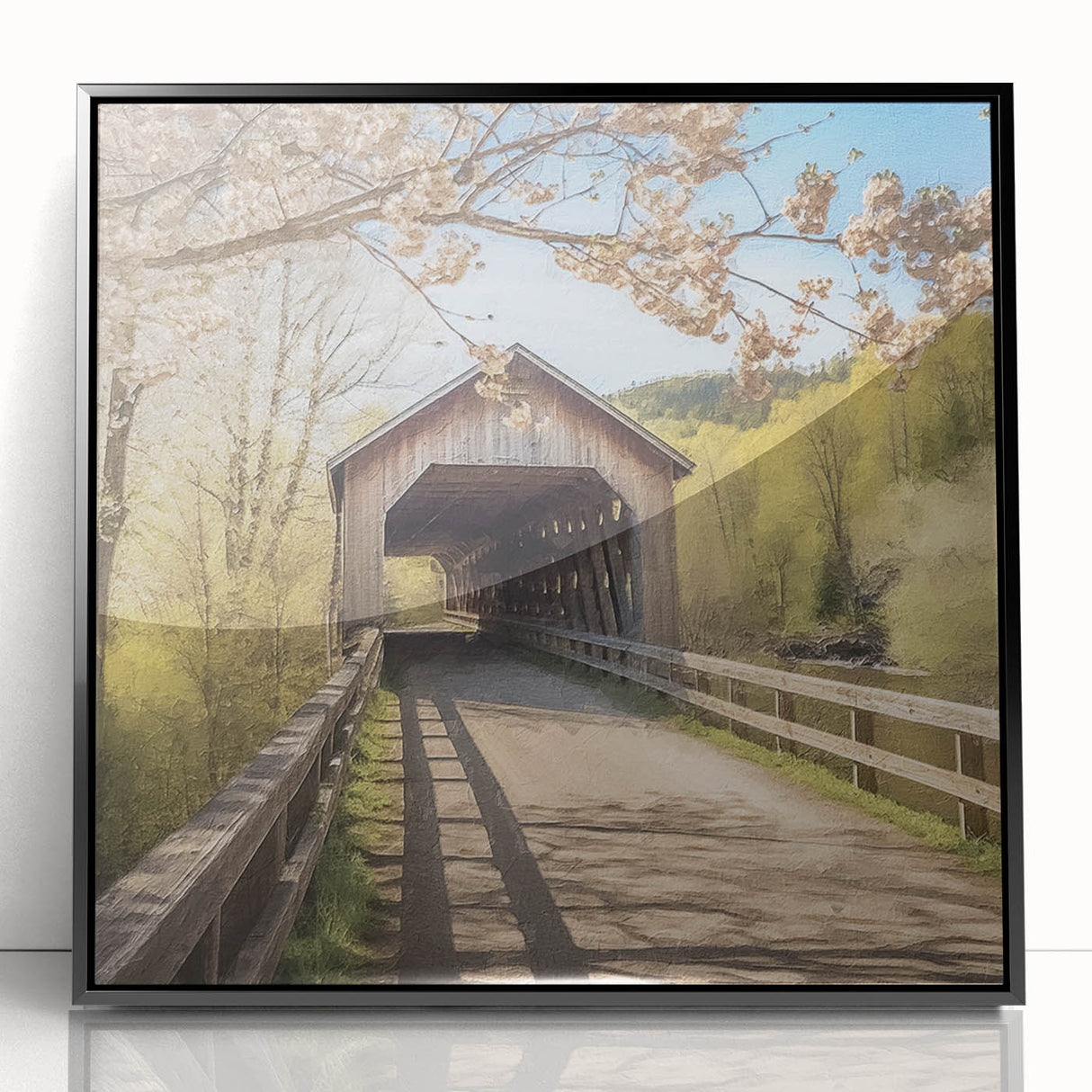 Art deco poster of a covered bridge in muted black and gray tones, acrylic framed, ideal for modern art wall decor.