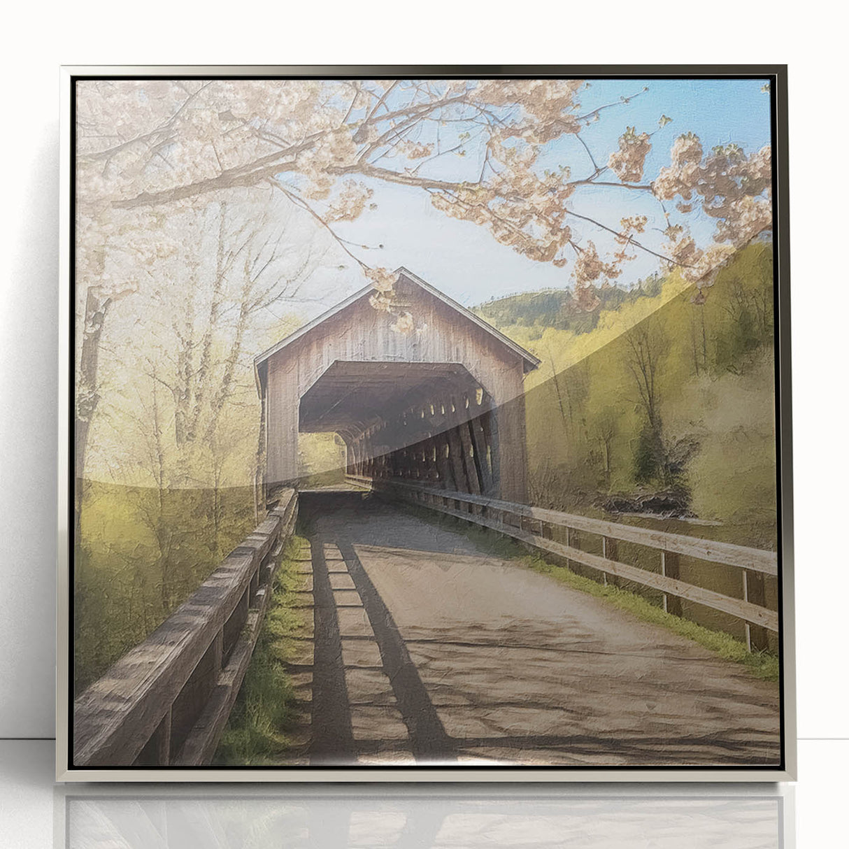 Mid-century modernist covered bridge in muted earth tones, framed acrylic print, ideal for modern art wall decor.