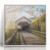 Mid-century modernist art of a covered bridge in muted tones on a framed acrylic, ideal for nursery wall decor.