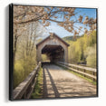 Black and white framed canvas of a vintage-style covered bridge landscape, ideal for bedroom wall decor.