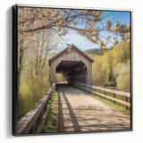 Black and white framed canvas of a vintage-style covered bridge landscape, ideal for bedroom wall decor.