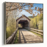 Framed canvas landscape art painting featuring a vintage covered bridge in black with colorful accents.
