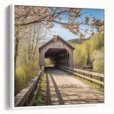 Vintage poster art of a covered bridge in muted black and white on framed canvas, ideal for living room decor.