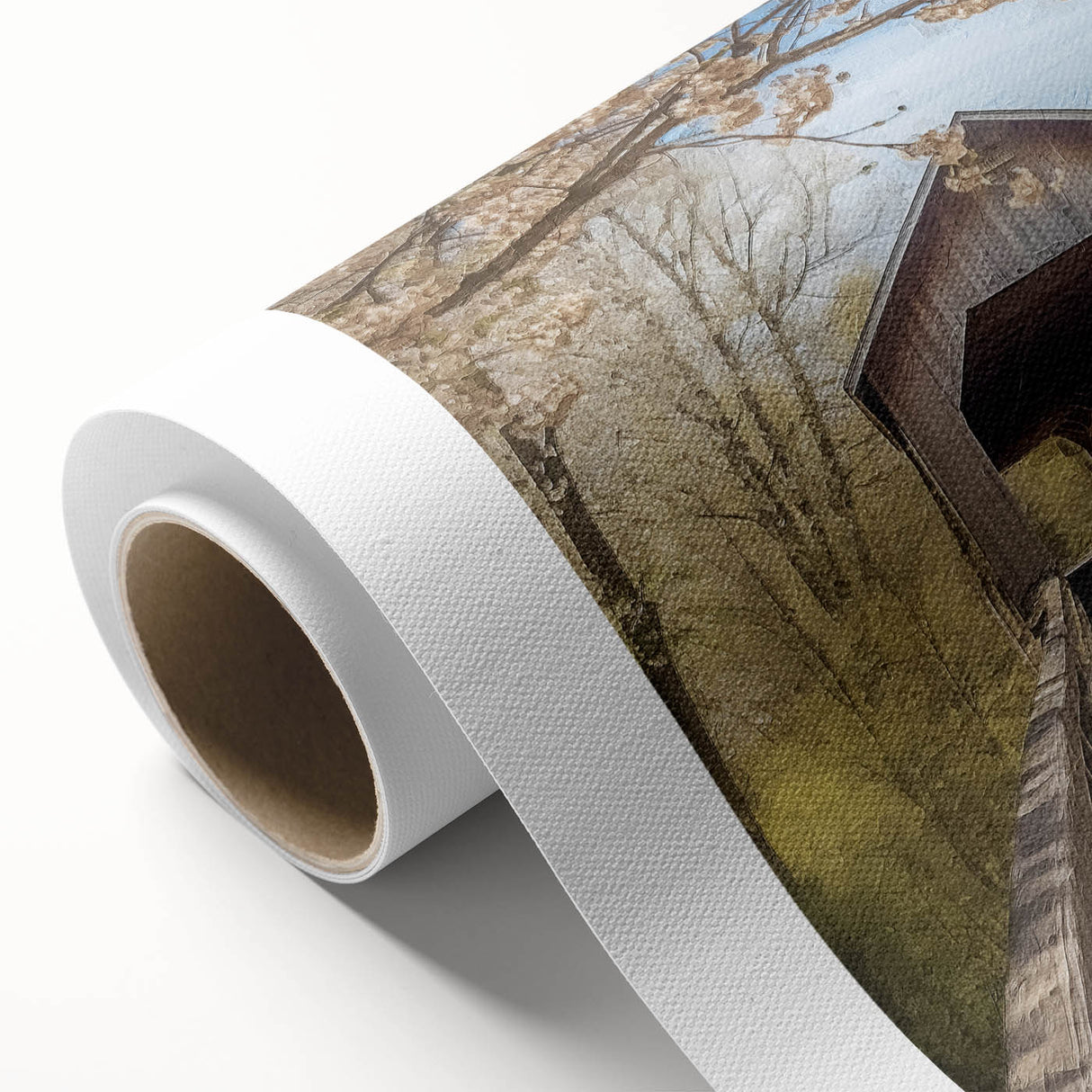 Art Deco style poster of a covered bridge in muted brown and green tones on rolled canvas, ideal for nursery wall art.