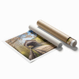 Rolled print of a covered bridge in muted earth tones, ideal for classy bathroom wall art.