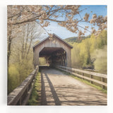 Black and white photo of a covered bridge on stretched canvas, suitable for kitchen wall art.