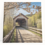 Black and white photo of a covered bridge on stretched canvas, suited for kitchen or bedroom wall art.