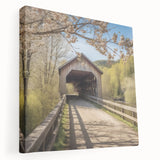 Side view of a large canvas print depicting an old covered bridge in muted earth tones, suitable for kitchen wall art.