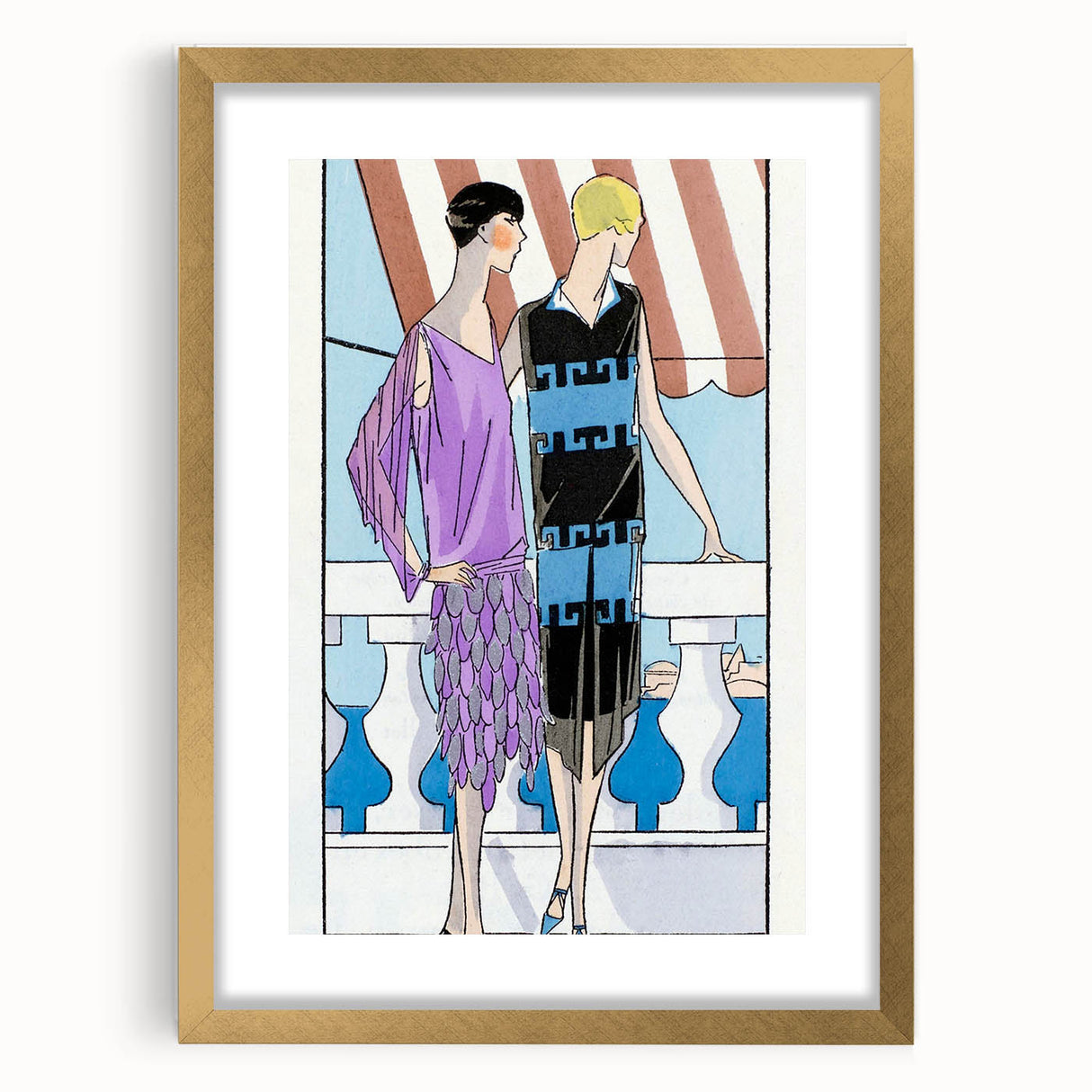Chic Art Deco Wall Art - Two Fashionable Women in 1920s Balcony Scene