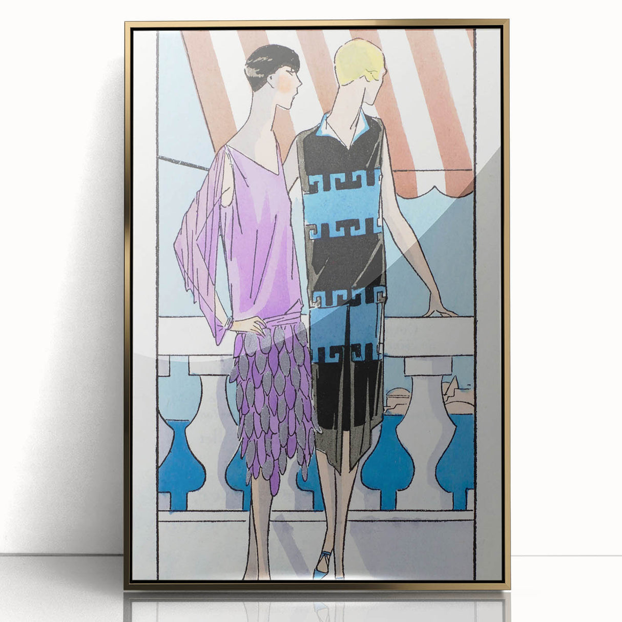 Chic Art Deco Wall Art - Two Fashionable Women in 1920s Balcony Scene