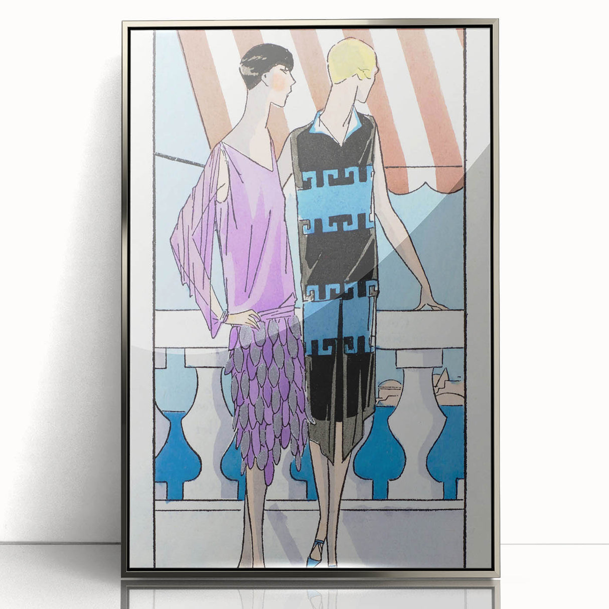Chic Art Deco Wall Art - Two Fashionable Women in 1920s Balcony Scene