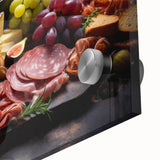 Large abstract wall art depicting various food dishes in vibrant colors on acrylic glass, suitable for dining room decor.