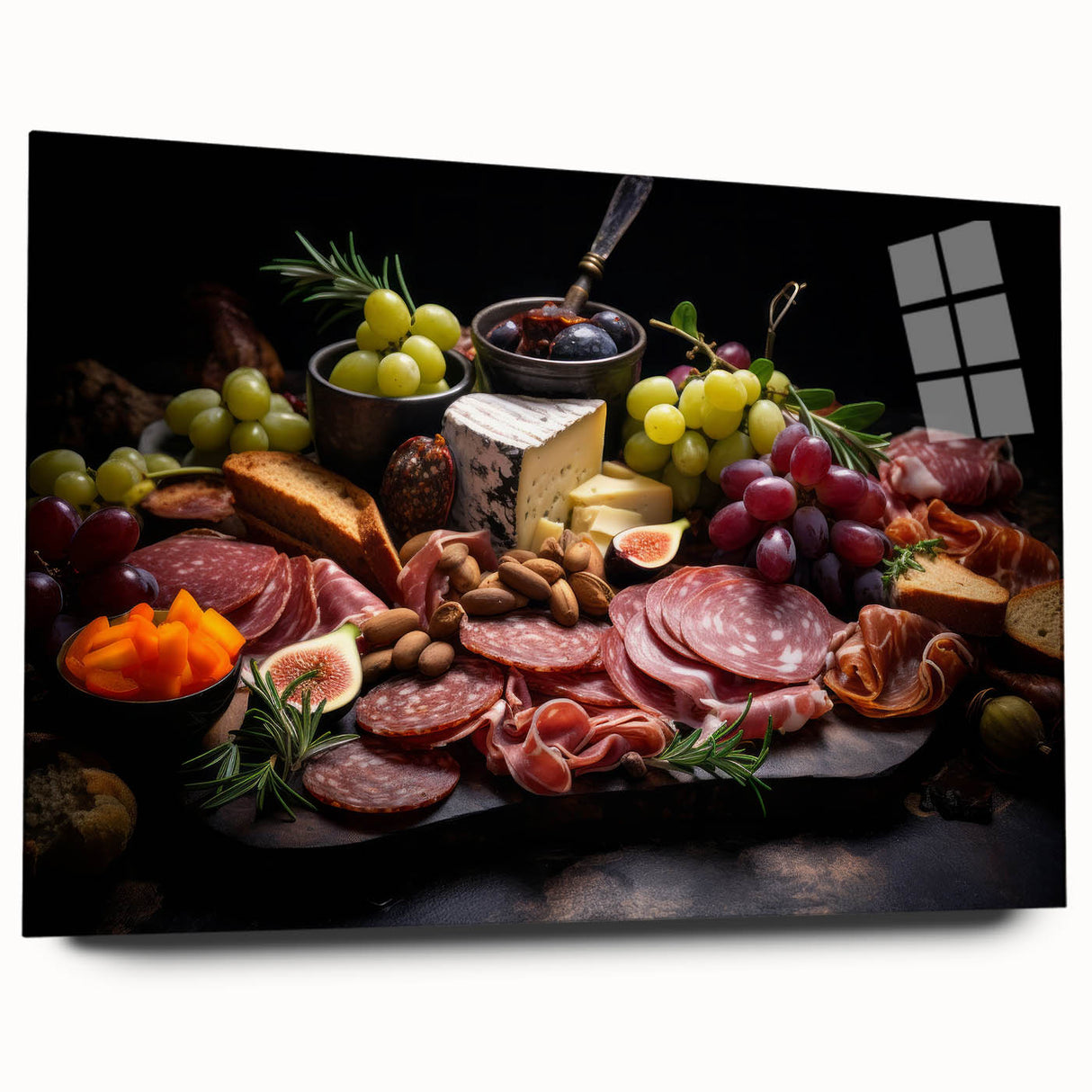Large abstract wall art of assorted food dishes in vibrant colors on acrylic glass, ideal for bedroom or dining room decor.